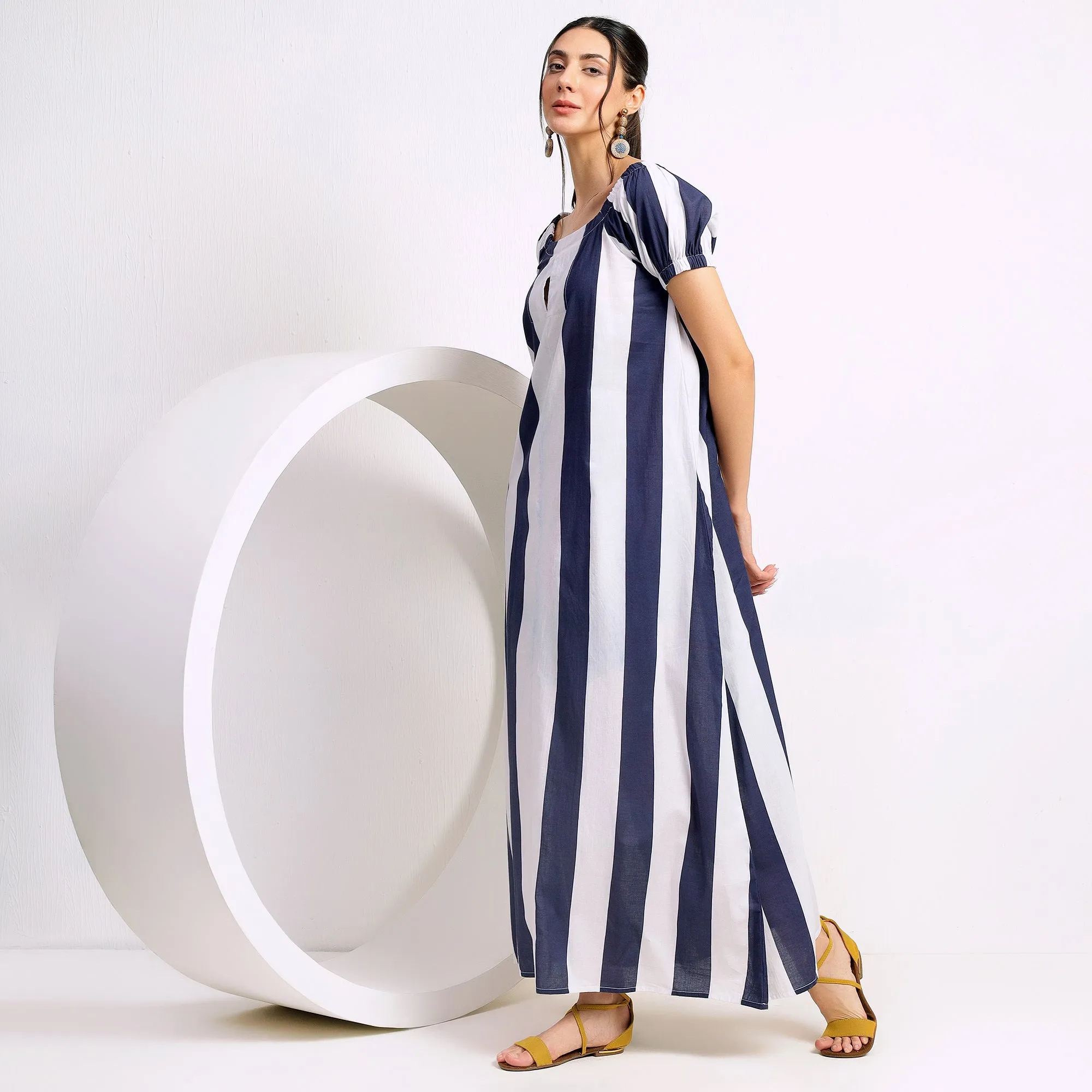 Blue and White Striped Dress with Relaxed Fit and Dropped Shoulders