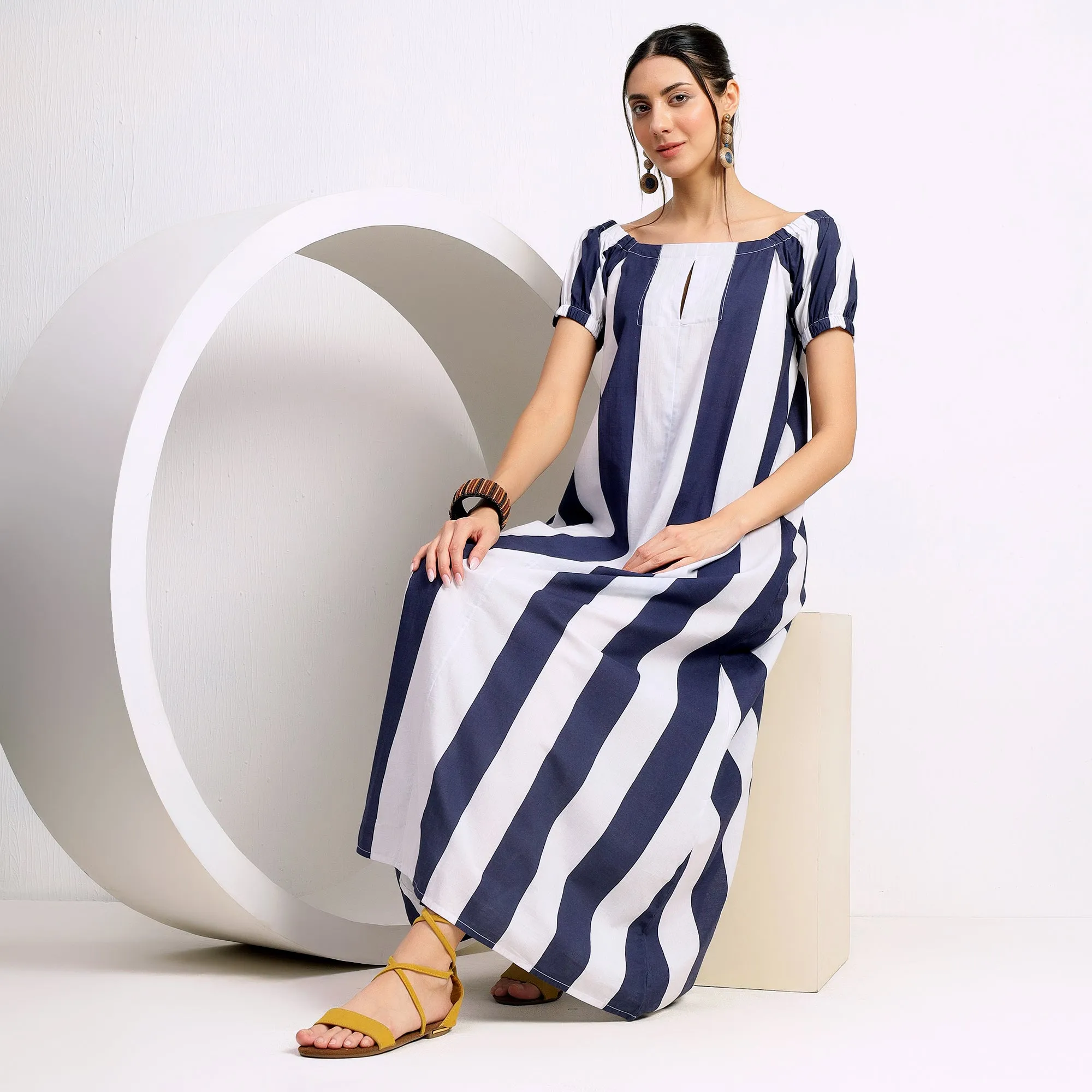 Blue and White Striped Dress with Relaxed Fit and Dropped Shoulders